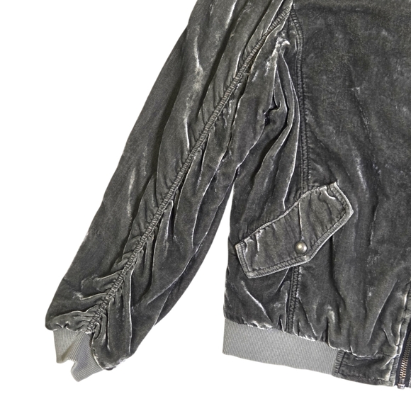 Free People Ruched Velvet Bomber Jacket Gray Zip-Up Size L - Picture 4 of 16